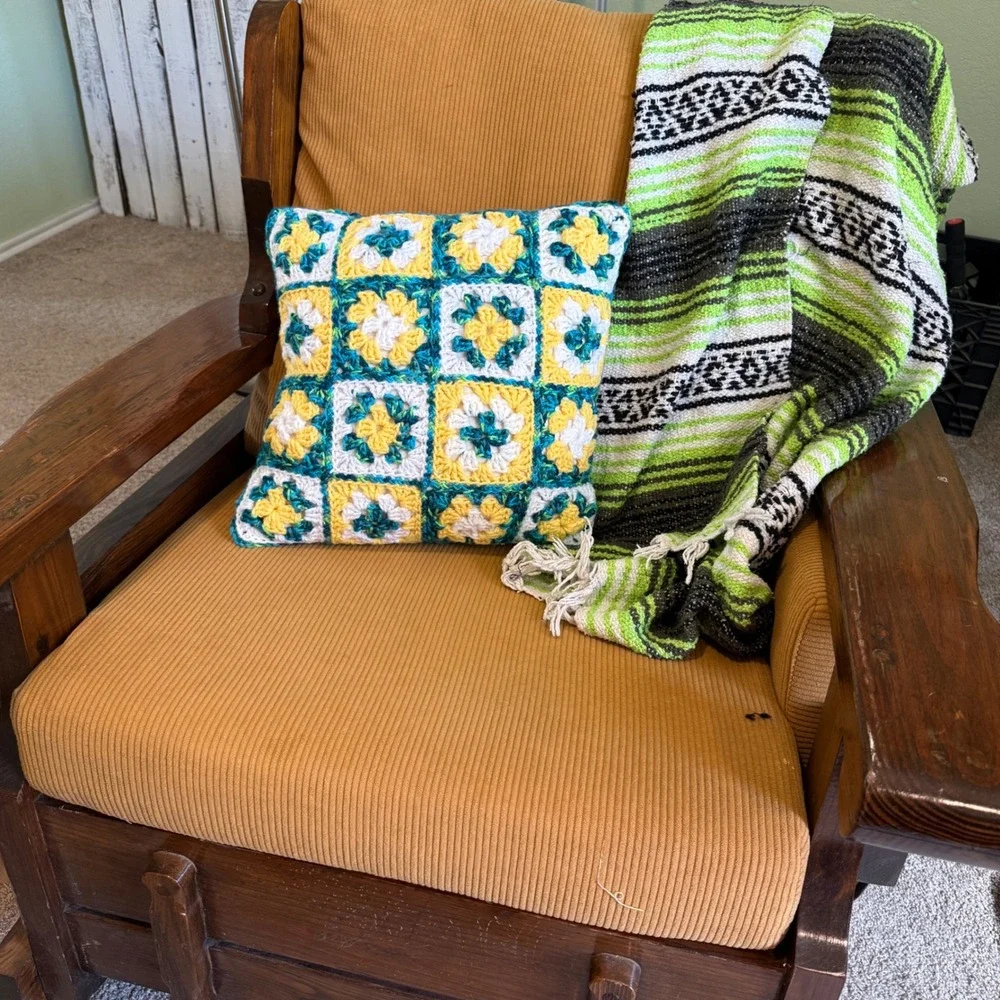 Handmade Crochet Granny Square Throw Pillow Yellow Teal White Boho 14x14 Cottage